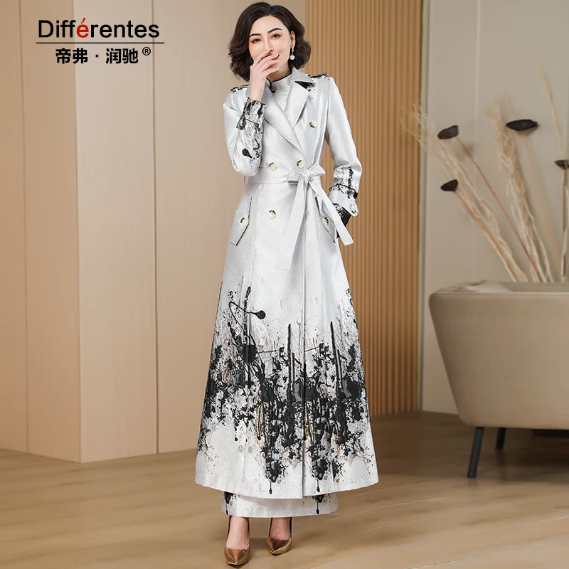 

Spring Autumn Jacquard Trench Coat for Women Double Breasted Long Jackets with Belt Windbreaker Dobby Full Length Overcoat