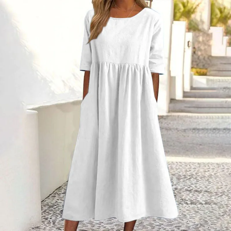 Elegant Dress O-Neck Half Sleeve Cotton Hemp Pleated Dress 2023 New Summer Women\'s Casual Loose Comfortable Vintage Long Dress