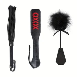 Kit de couro Bondage Restraint para Casais e Mulheres, Paddle Whip, Cócegas Penas, Brinquedo Adulto Alternativo do Sexo, Flertar, Pele de Cobra, 3Pcs