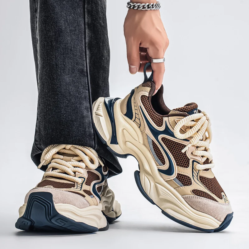 Herren-Dad-Sneaker, atmungsaktives Obermaterial aus großem Mesh, dicke Juteschnürsenkel, farblich abgesetzte dicke Sohle, höhenvergrößernd und rutschfest, retro-trendiger Stil, mehrere Farboptionen verfügbar, vielseitige Freizeitschuhe für den täglichen Arbeitsweg und die Straßenmode. – Detail 3
