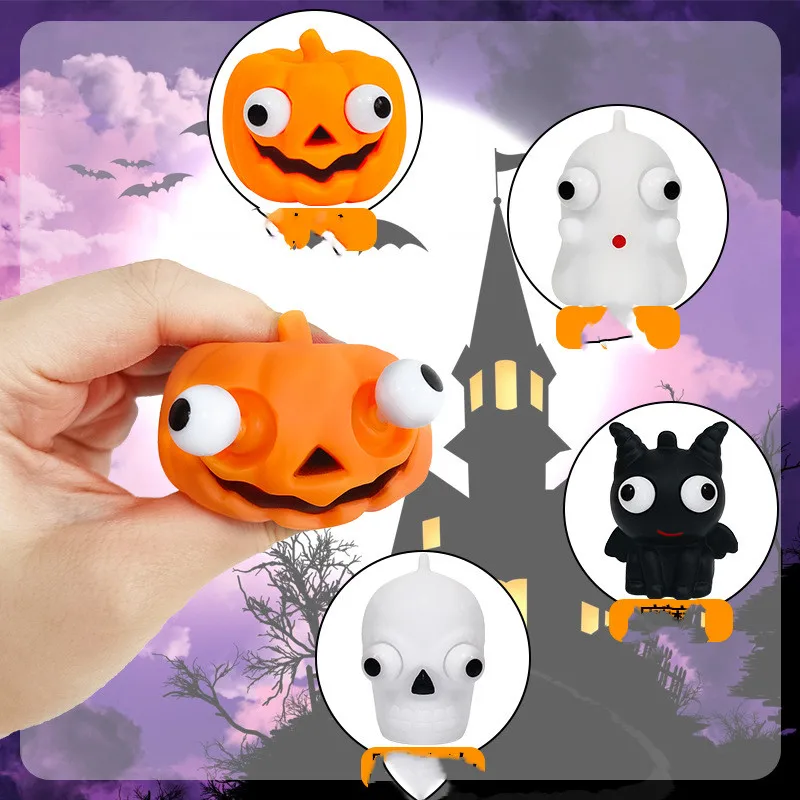 4Pcs Halloween Squeezing Fun, Pumpkin Ghost Skull StaringTo Vent, Decompressing Toy Vinyl