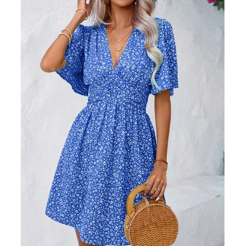 Women's Fashion Summer New V-neck Middle Sleeve Printed High Waist Mini Dress Elegant Women's Fragmented Flower Pleated Vestidos