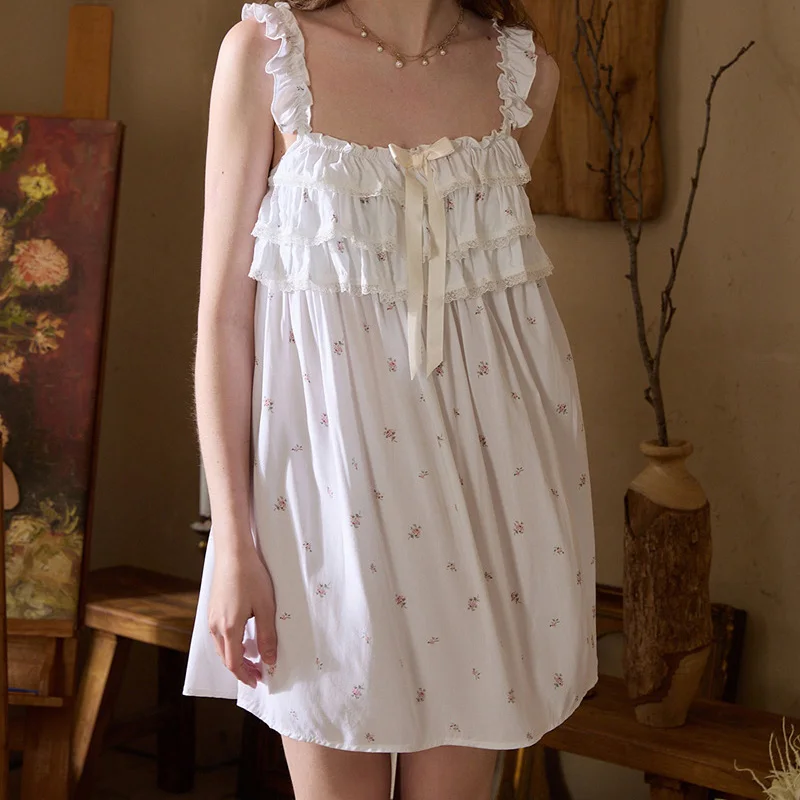 Japan Small Floral Camisole Nightgown Sweet Cake Dress Cotton Silk Sleepwear Butterfly Knot Fairy Home Wear Girl Nightwear