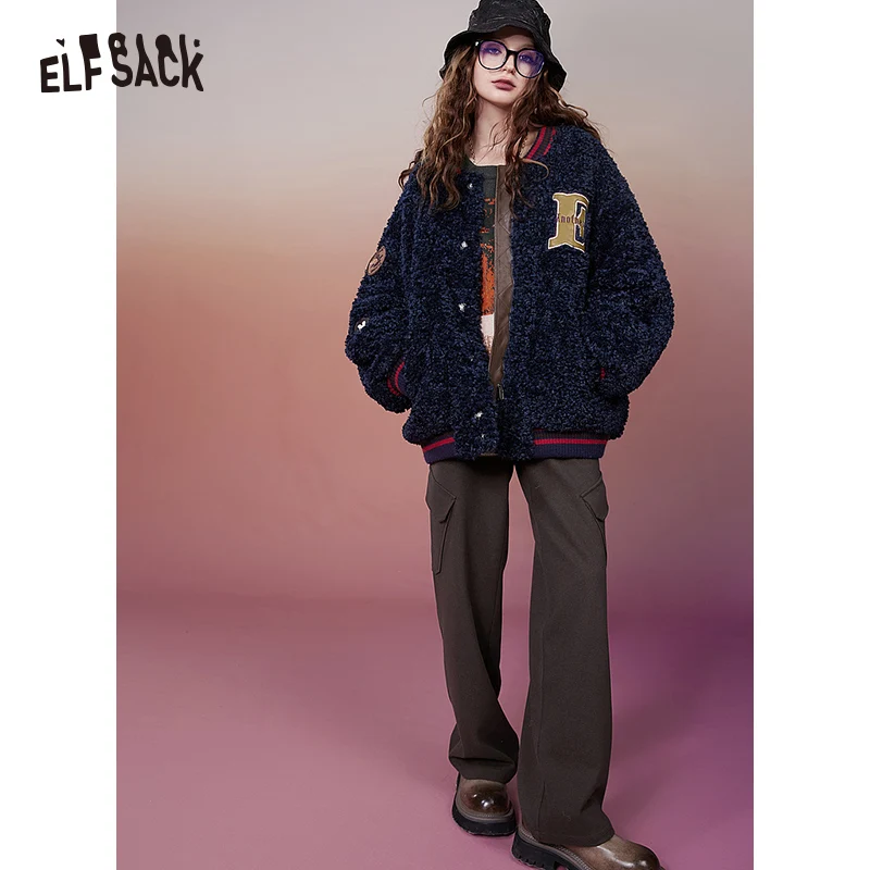 ELFSACK Fashion 2000s Retro Fleece Baseball Jackets Woman 2023 Winter Designer Outwears