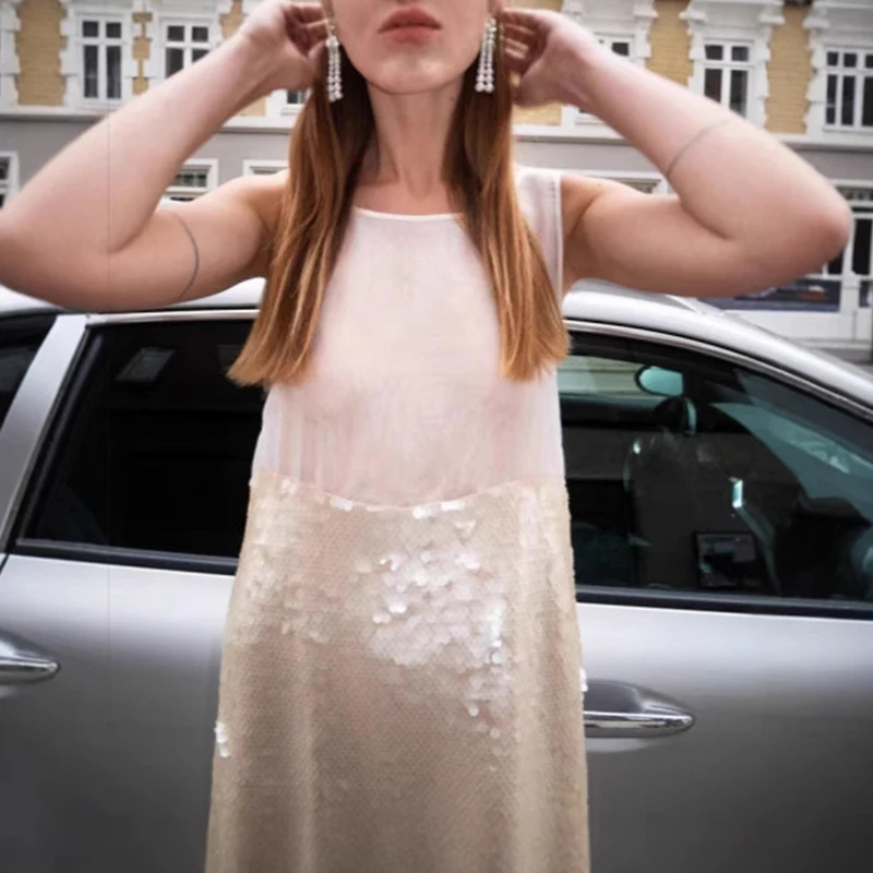 Elegantes Glitzer-Pailletten-loses Tank-Kleid, modisches Temperament, Patchwork, solides Bankettkleid, lässiges O-Ausschnitt, ärmelloses langes Kleid