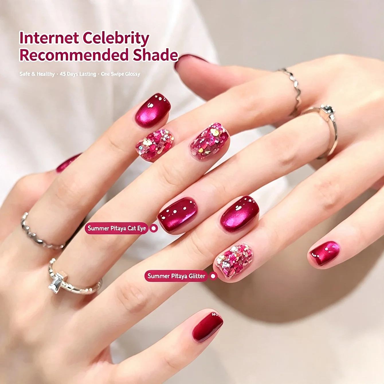 10ml Dragon Fruit Cat Eye Glitter Gel Nail Polish Set 2026 New Shocking Pink Ultra-Shiny Glass Bead Explosion Chunky Glitter Kit