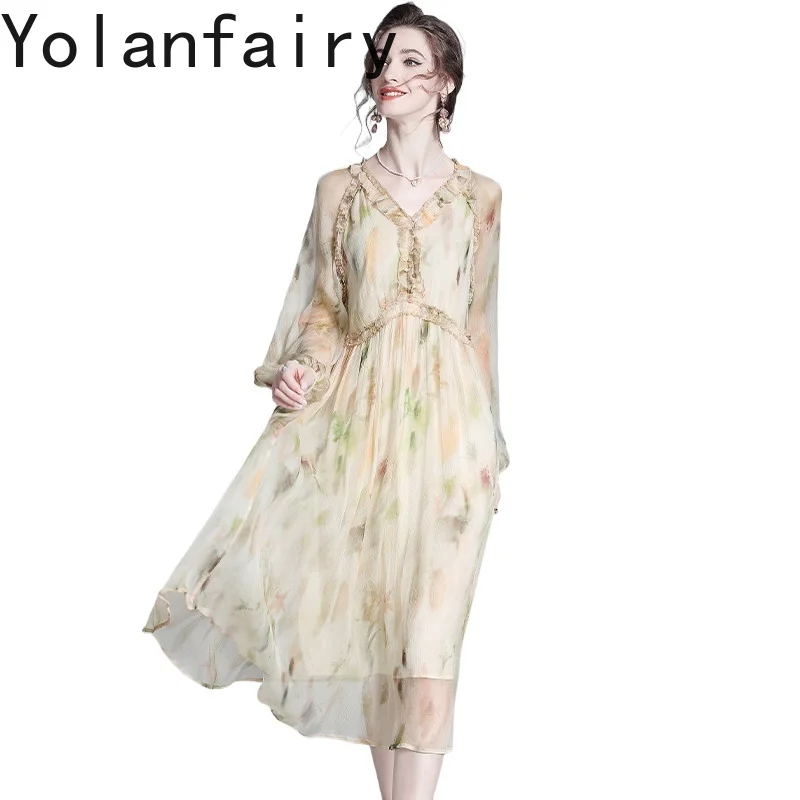 

Роскошное платье YOLANFAIRY, высококачественные платья из 100% натурального шелка тутового шелкопряда, летнее и весеннее пляжное платье с длинными рукавами, элегантное платье с цветочным принтом