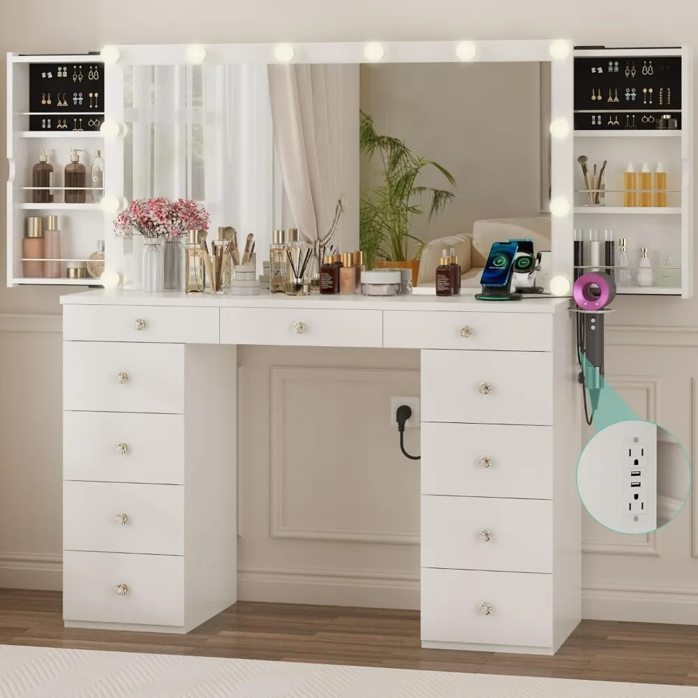 Vanity Desk with Mirror and Lights, White Vanity with Jewelry Storage Cabinet, Makeup Dressing Table with 11 Drawers