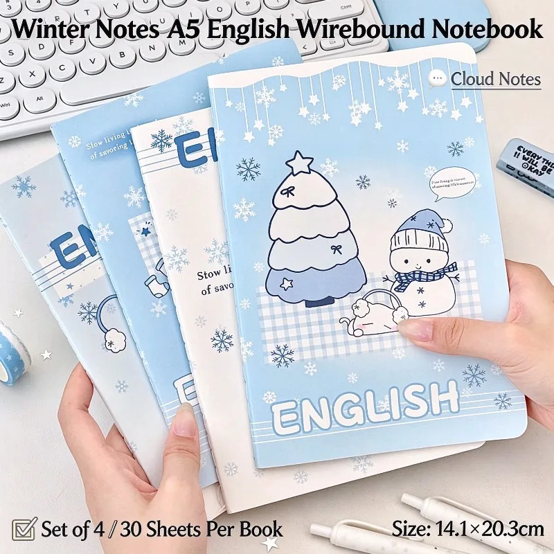 4Pcs A5 Winter Snowman Notebook Cute English Exercise Book Four Line Three Grid Notebook Student School Writing Stationery