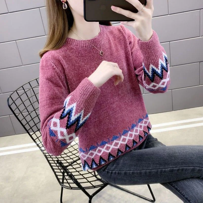 New Autumn/Winter Fashion Trend Thread Jacquard Round Neck Plush Loose Versatile Commuter Women\'s Knitted Long Sleeve Sweater