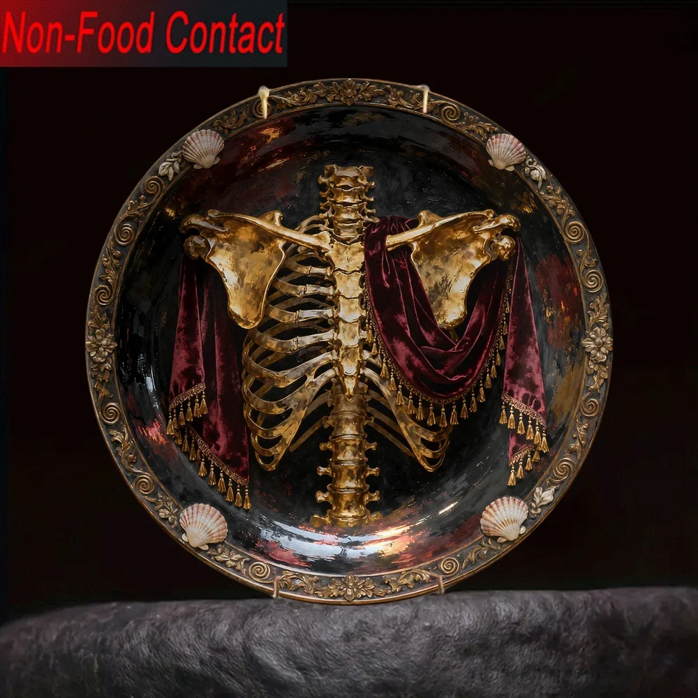 1pc Gothic Ceramic Decorative Plate - Elegant Skeleton & Red Drapery Design, Non-Food Contact Surface, Round Tabletop Ornament
