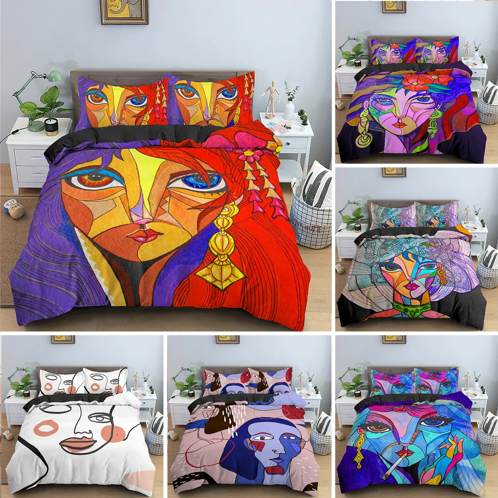 

Abstract Face King Queen Duvet Cover Woman Portrait Bedding Set Graffiti Comforter Cover Fantasy Design Polyester Quilt Cover