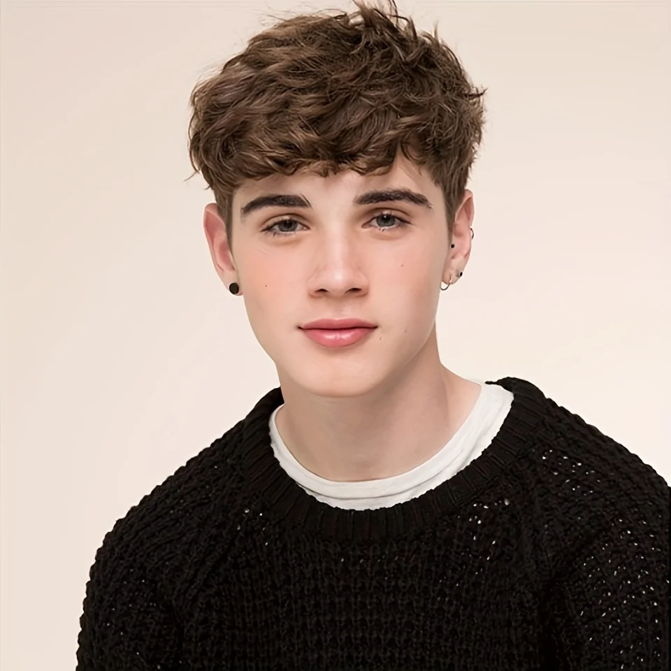 Men's Short Layered Brown Curly Synthetic Wig for Costume Role-playing Short Fake Hair for Adults