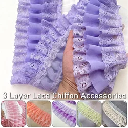 1M Three Layers Pleated Chiffon Fabric Guipure Lace Embroidery Fringe Ruffle Trim Dolls Clothes Dress Collar Sewing Accessories