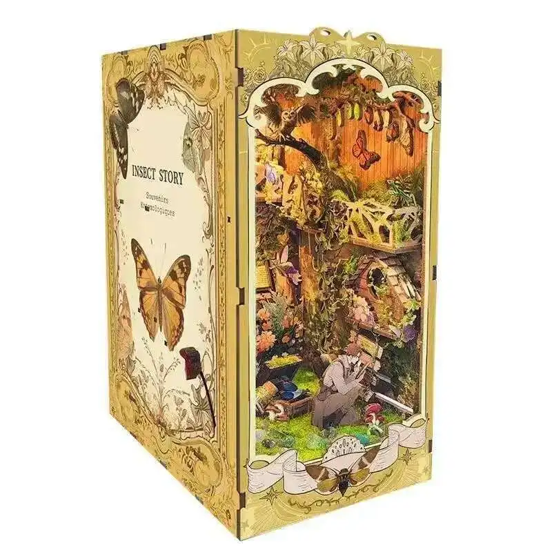 

DIY Book Nook Insert Shelf Kits Wooden Miniature Building Kit The Records of Insects Bookend Bookshelf Home Decoration Gifts