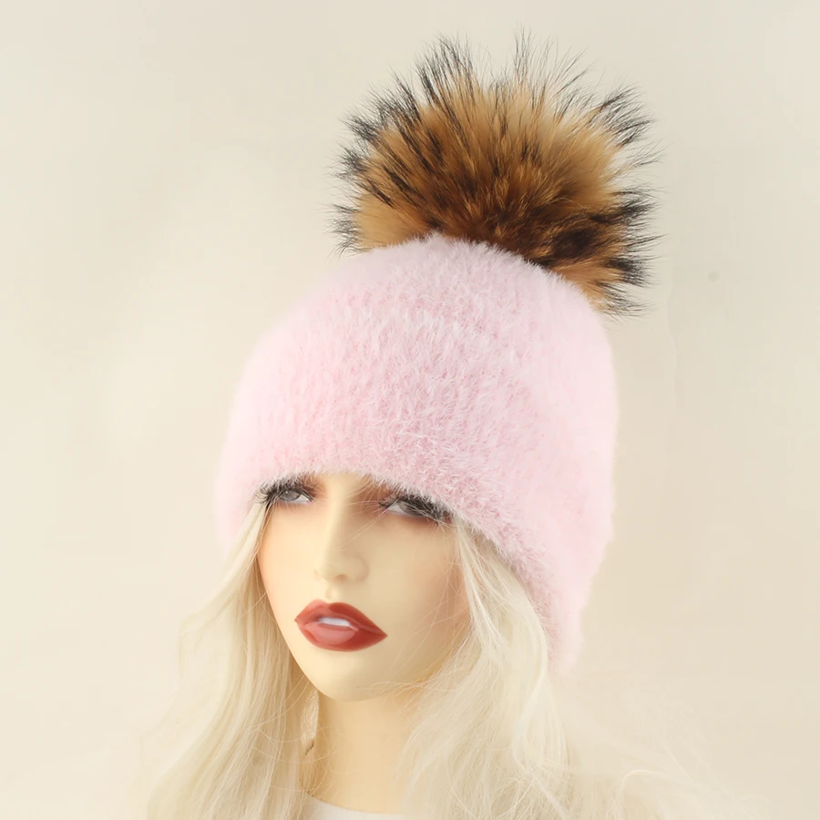 

Real Natural Raccoon Pom Pom Hats For Women Winter Warm Knitted Hat Faux Fur Beanies Skullies Outdoor Thick Female Cap