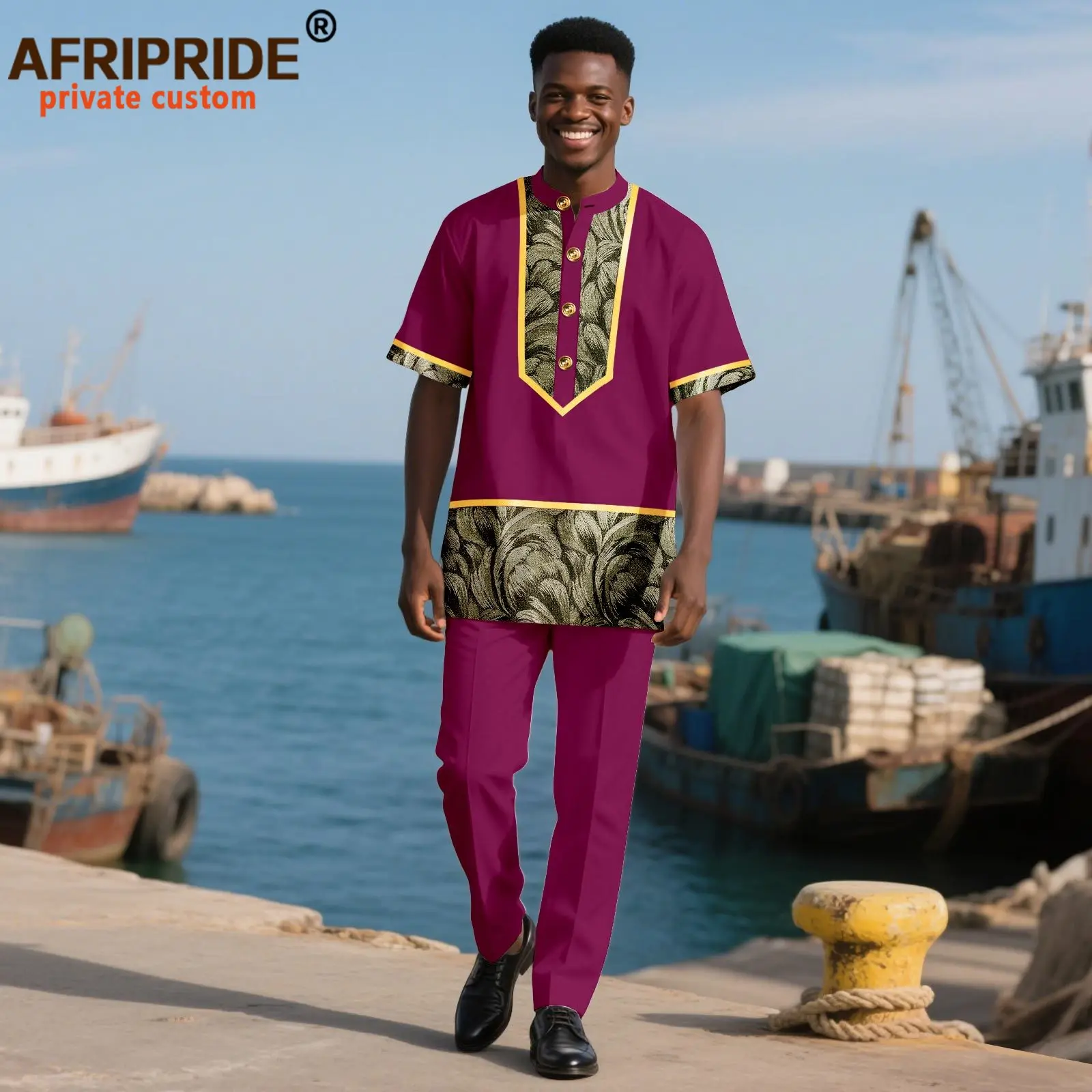 African Traditional Clothing for Men Half Sleeve Embroidery Single Breasted Shirts and Pants 2 Piece Set Dashiki Outfits 2516056