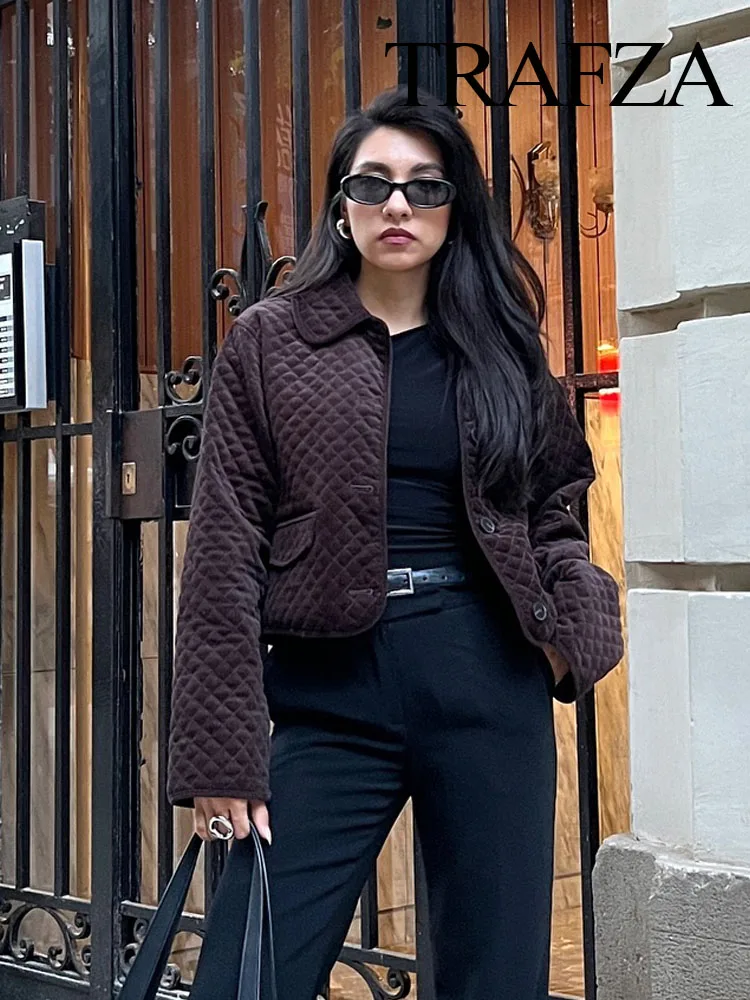 TRAFZA-Veste matelassurera en velours côtelé à boutonnage simple pour femme, manches longues, revers, monochromatique, chic, décontracté, mode, hiver, vintage, combiné