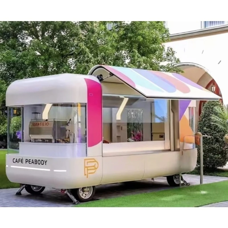 Rosafarbener mobiler Salon-Food-Truck mit integriertem Power-Eisskiosk-Fritteusengrill aus Edelstahl für gewerbliche Catering