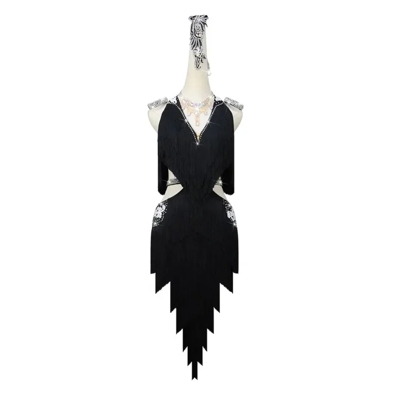 

Rofessional Black Latin Dance Competition Fringed Dress Sexy Ballroom Performance Costume Practice Wear Ladies Short Skirt