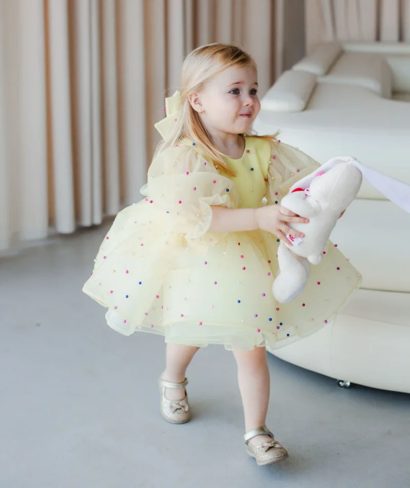 Vestidos de manga larga para niña, vestidos de flores para invitados de boda, dama de honor con perlas de lazo, tul, primera comunión