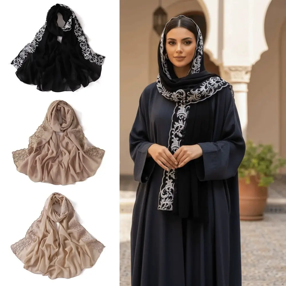 

Элегантный шифоновый шарф с вышивкой в виде длинных лоз, дышащий, с вышитым краем, головной платок-шаль для женщин