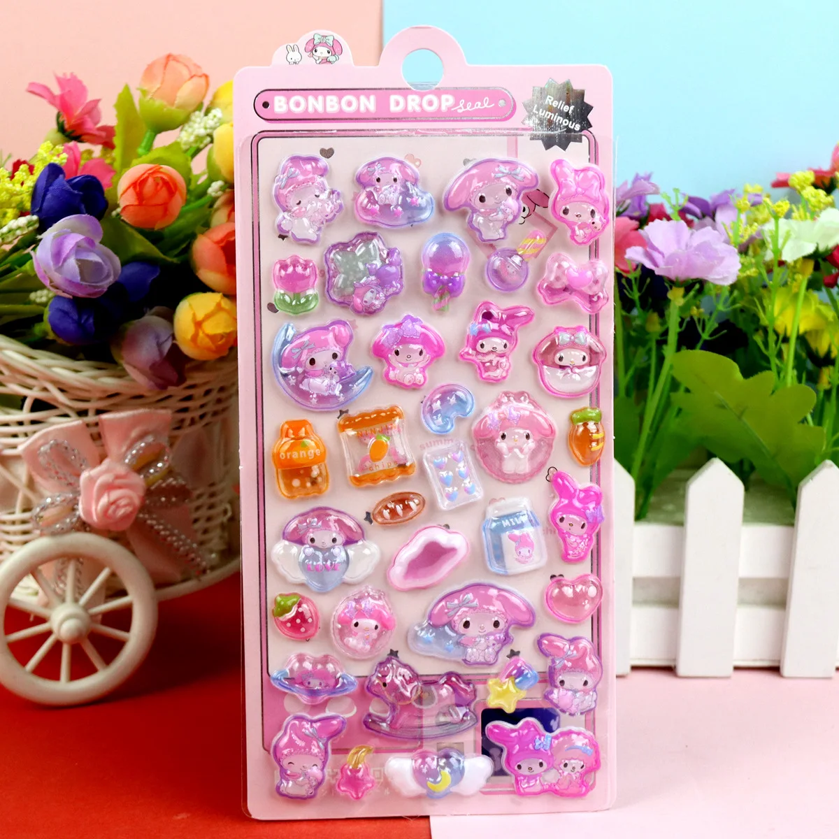 Personnages 3D Kawaii Sanrio HelloKitty Kuromi ma mélodie cannelle autocollants lumineux en relief tridimensionnels petit cadeau