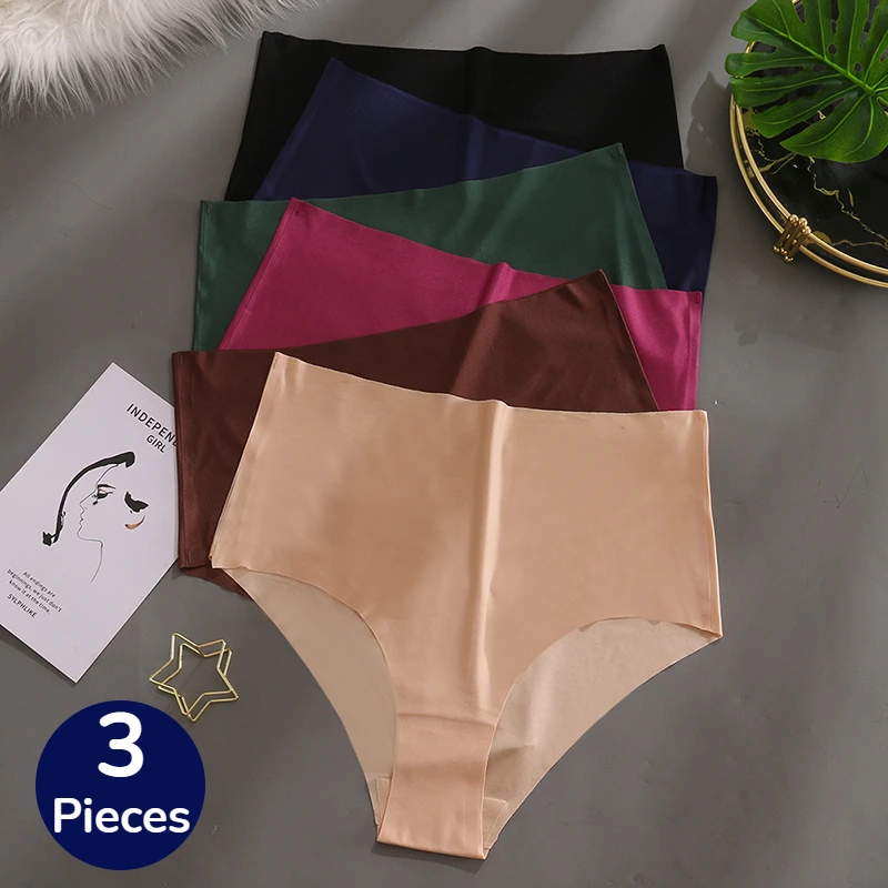 Giczi 3PCS/Set High Waist Women\'s Panties Fashion Lingerie Seamless Underwear Soft Silk Satin Briefs Large Size Woman Underpants