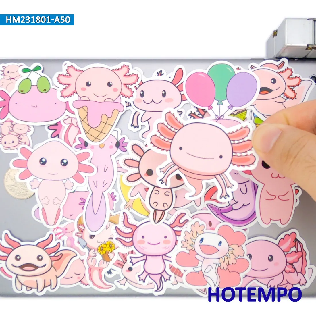 Axolotl Stickers Set, Ambystoma Mexicanum Cute Cartoon Pink Animals, for Laptop Phone Scrapbook, Funny Sticker Pack, 20/30/50PCS