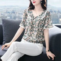 Camiseta de gasa fragmentada coreana para mujer, blusa holgada de manga corta con estampado de retales, Tops elegantes, novedad de 2023