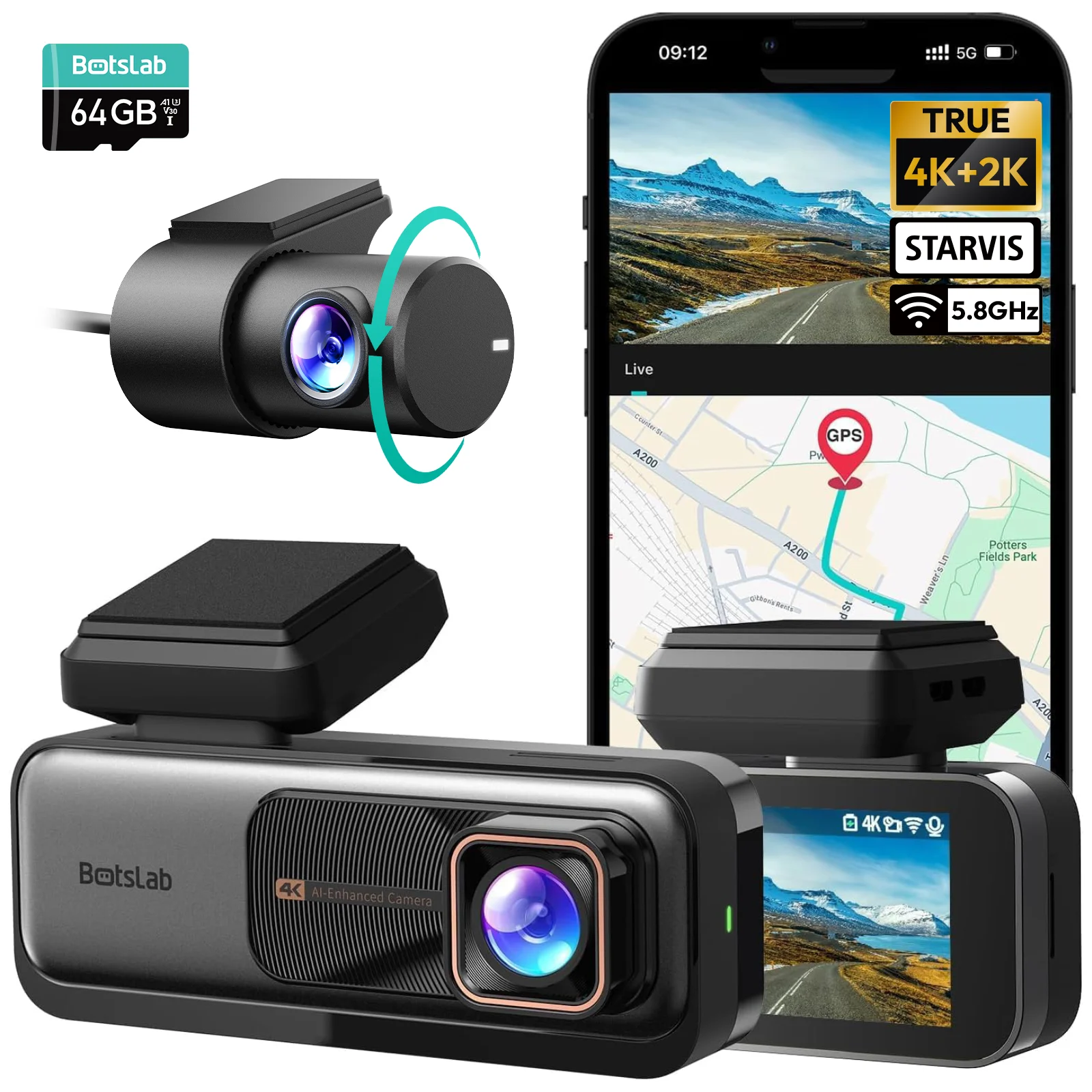 Botslab G980H Dashcam 4K Anteriore e Posteriore, 170 ° Telecamera 4K ultra grandangolare con ADAS, sensore Sony STARVIS per visione notturna, modalità parcheggio, GPS
