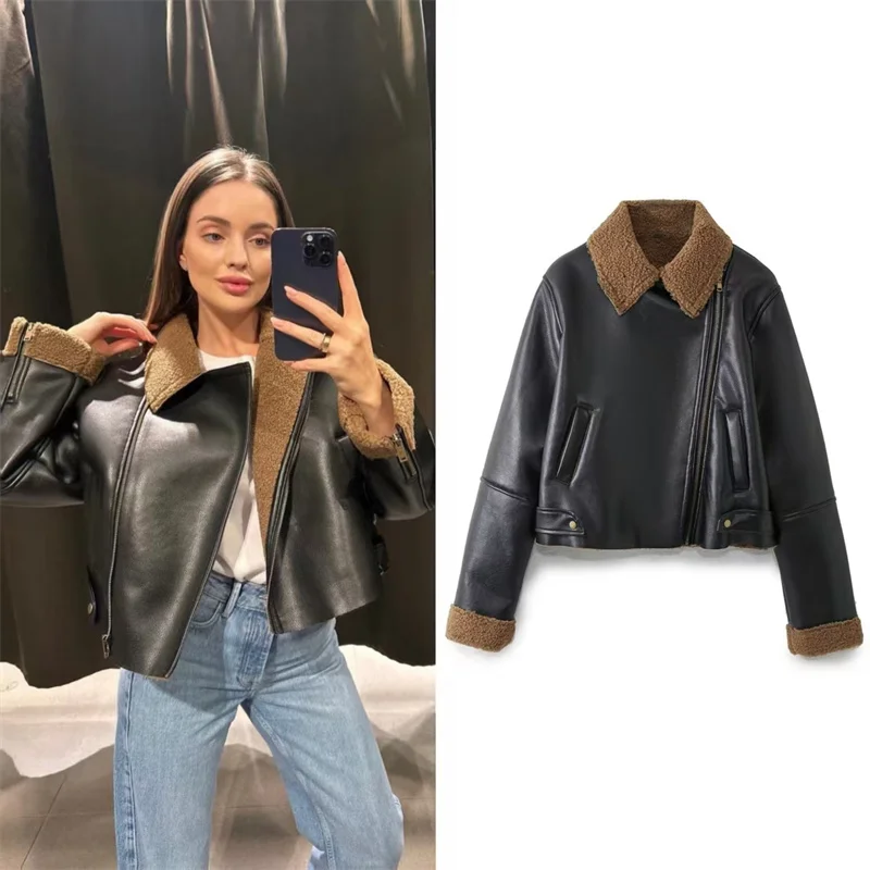 

Women's Jacket 2025 Winter New Black Long Sleeve Faux Leather Effect Warm Fleece Lined Biker Jacket Stylish and Unique