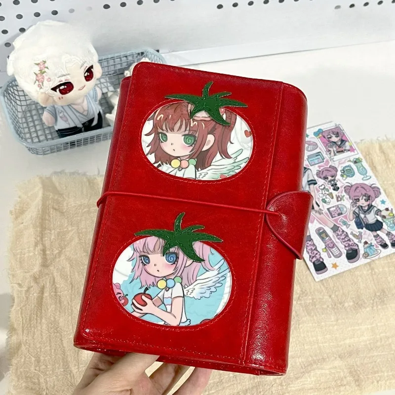 A6 Vintage Tomato Notebook PU Leather Loose Leaf Pocket Planner Portable 3 Fold Clear Window DIY Notebook Diary Stationery Gift