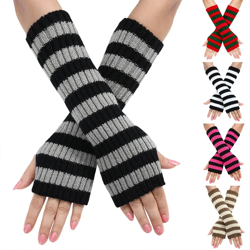 1 Pair Autumn Winter New Style Exposed Finger Women Warm Fashionable Knitted Arm Sleeves with Color Blocked Striped Yarn Gloves