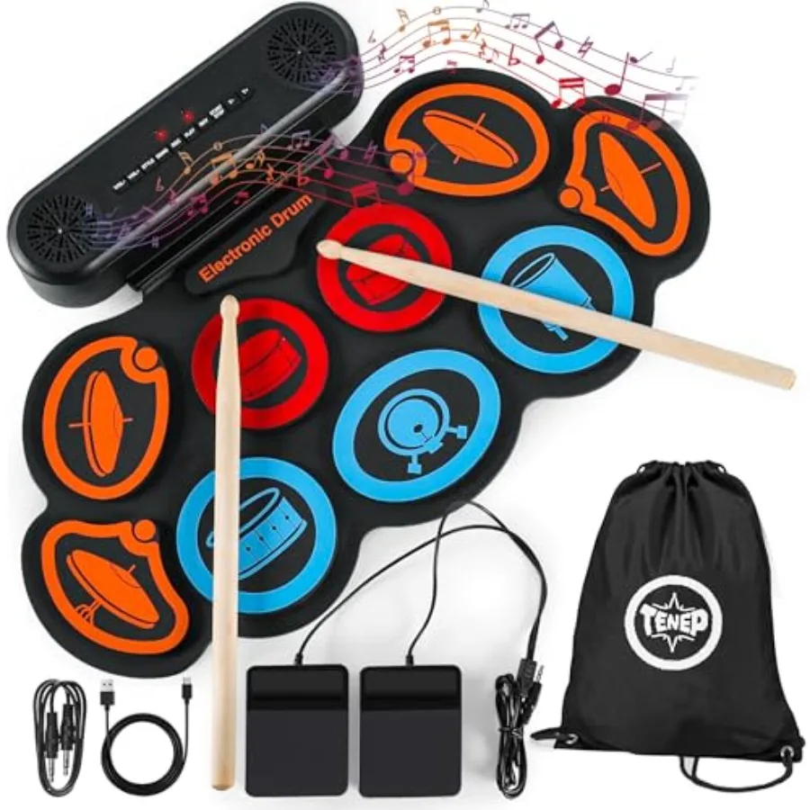 

Portable 9-Pad Electric Drum Set with Roll-up Design USB MIDI Connectivity Built-in Speaker Includes Drum Sticks and Foot Pedal