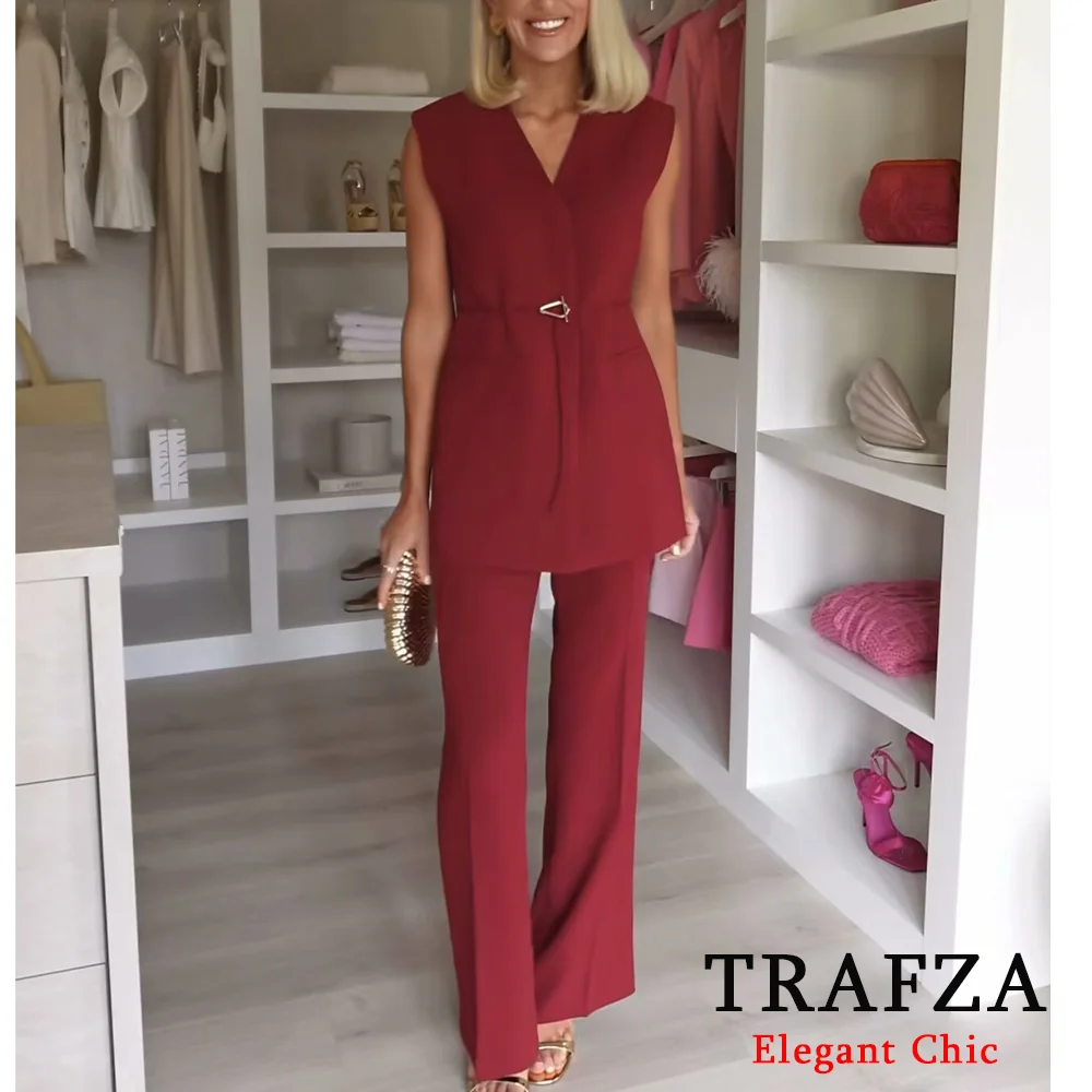 TRAFZA Fashion 2024 Autumn Minimalist Casual Belt Vest And Pants Suit Women\'s Vest and Wide Leg Pants Suit Office Lady Suit