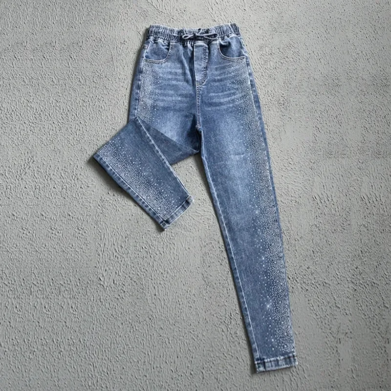 Jeans elástico com strass feminino, calça lápis elástica, calça harém, cintura alta, versão coreana, moda primavera e verão