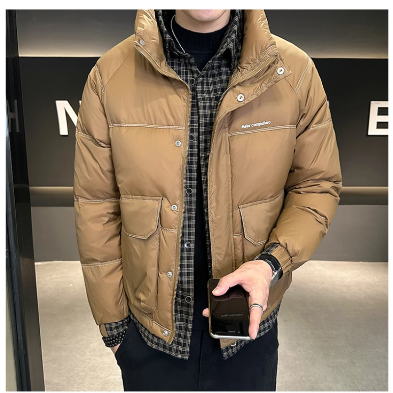 Men's Fashion Winter White Duck Down Jackets 2023New Mens Stand Collar All-match Fake Two Men's Big Pocket Down Jacket Outerwear