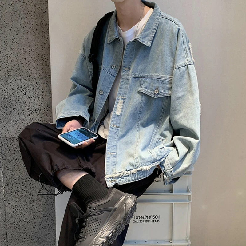 Denim Jackets Men Hole Raw Edge Streetwear Autumn All-match Long Sleeve Korean Commuting Style Youthful Teenagers Outwear Daily