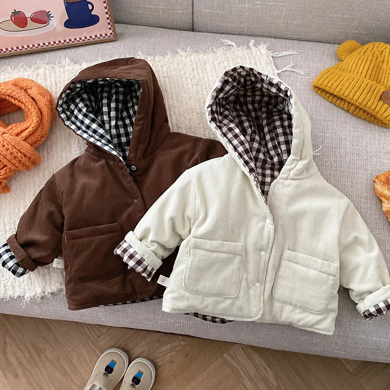 Winter Corduroy Cotton Plaid Jacket Wear Both Sides for Baby Boys Kids Clothing Toddler Girls Casual Solid Color Coat Outerwear