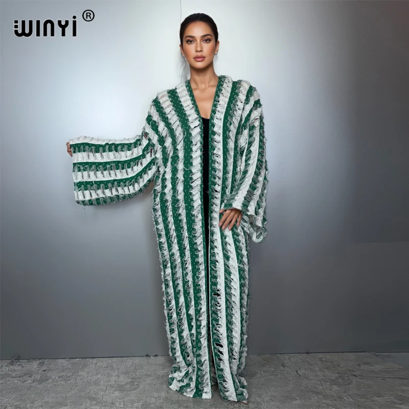 

WINYI Африканское кимоно в полоску с принтом для женщин, модное длинное пуховое пальто с полым джинсом, купальник, накидка, ковбойское кардига со старыми дырками