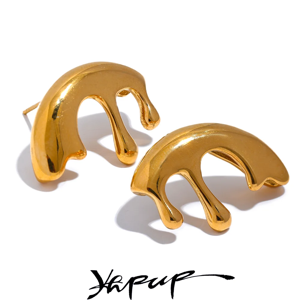 Yhpup Stylish Unique Design Golden Stainless Steel Geometric Unusual Stud Earrings for Women Chic Creative Daily Jewelry Gift