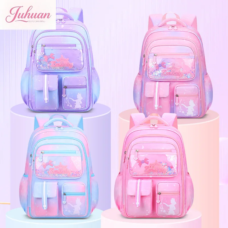 New Primary School Students Cartoon Animation Nylon Waterproof Schoolbag Gradual Change Color Children Lightweight Backpack Girl