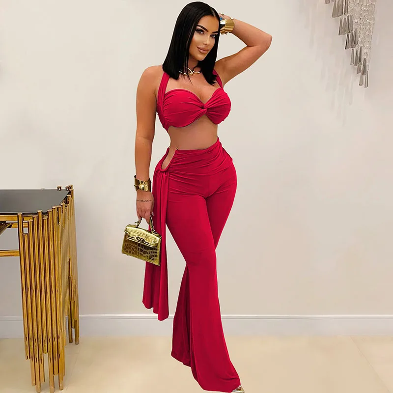 

Doyerl Two Piece Sets Woman Festival Outfit Birthday Club Party Halter Draped Crop Top and Flare Pants with Ribbon Matching Sets