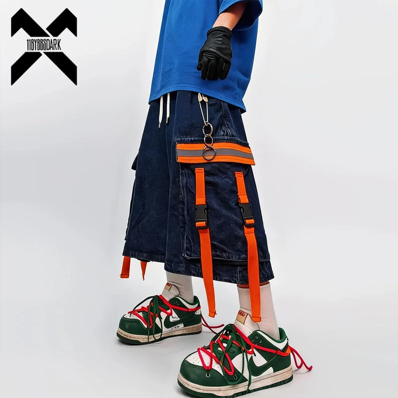 High Street Retro Baggy Shorts Men Women Summer Hip Hop Multi Pocket Cargo Denim Shorts Loose Wide Leg Knee Length Jeans