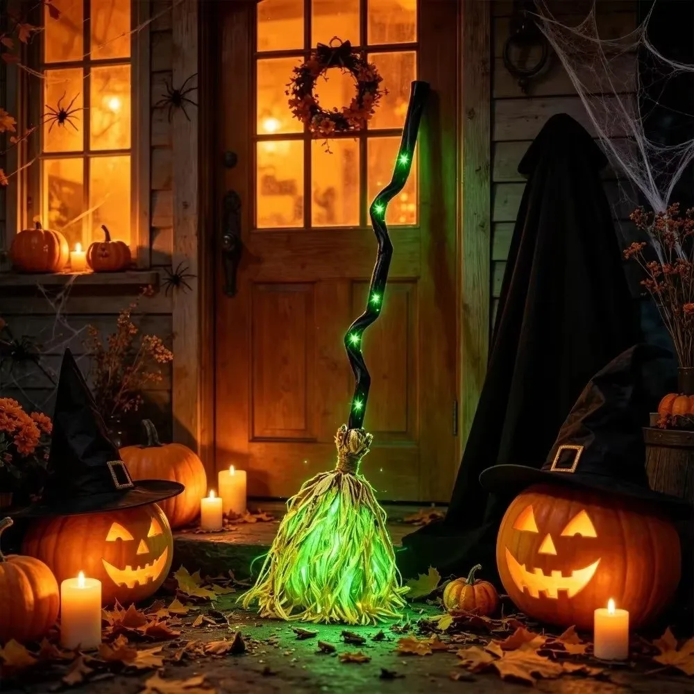 Straw Tassel Animated Witch Broom Spooky Sounds Light Up Dancing Broom Decoration Walking Feet Bendable Handle