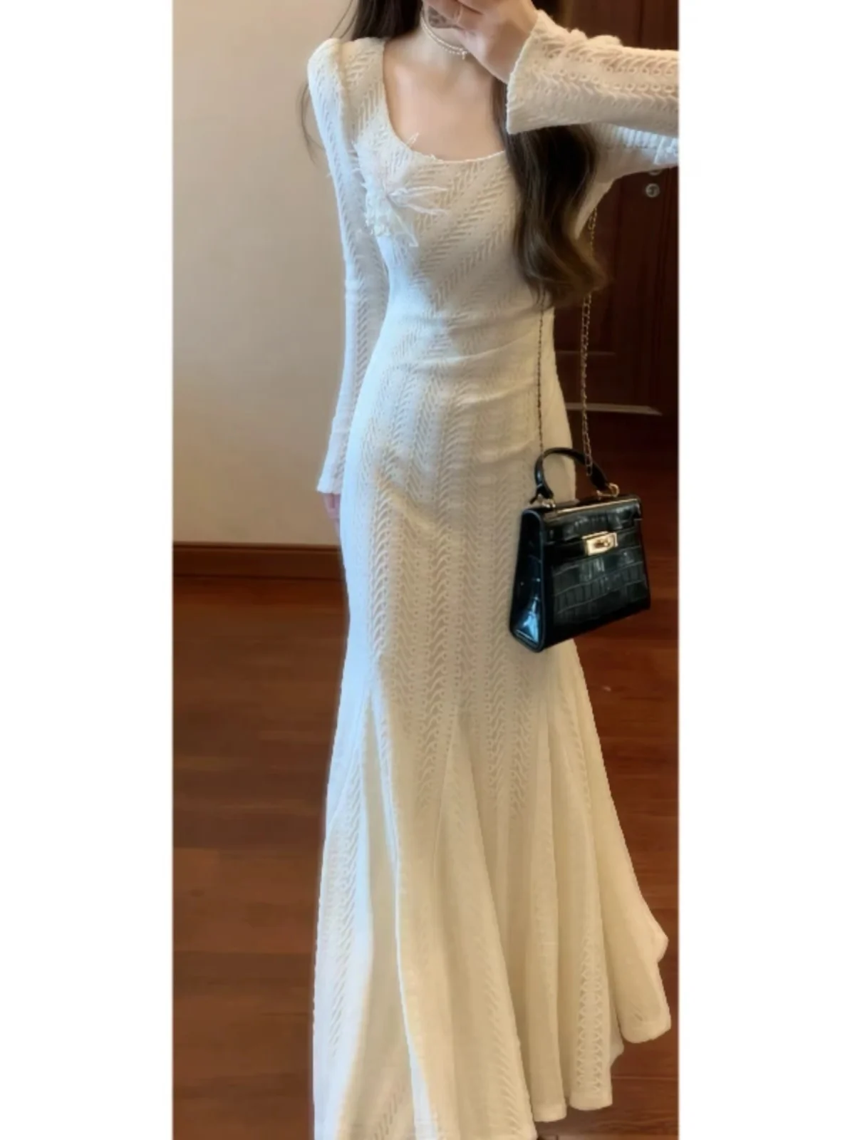 

Ele Thi Long Sve Lace Dr Women's Autumn Winter Sexy Tight Fi Tail Long Skirt French Sle Waist a H pe