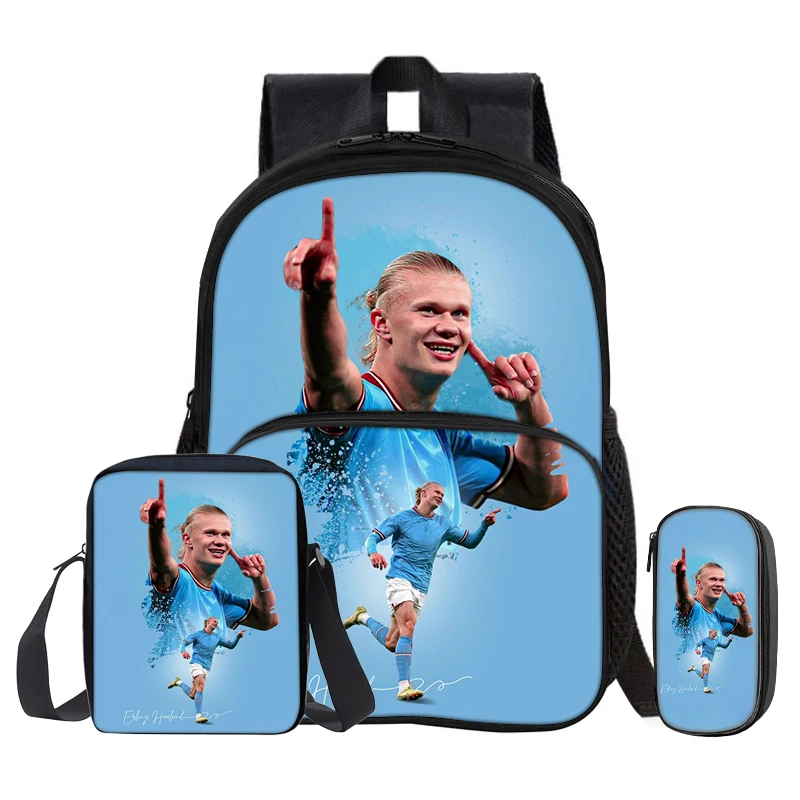 Haaland 3Pcs set with Front Pocket Backpack Kids Backpack Shoulder Bags Pencil Bag Football Star Rucksack