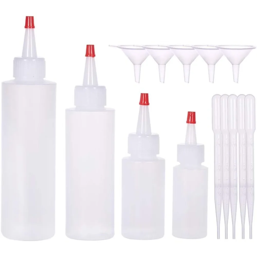 16pcs Mixed Size Plastic Squeeze Dispensing Bottles (1/2/4/6 Ounce) Red Tip Cap Bottles with 10pcs Droppers 5pcs funnels