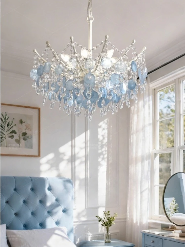 French medieval style living room chandelier, retro blue shell villa, duplex bedroom, crystal lamp, luxurious feeling